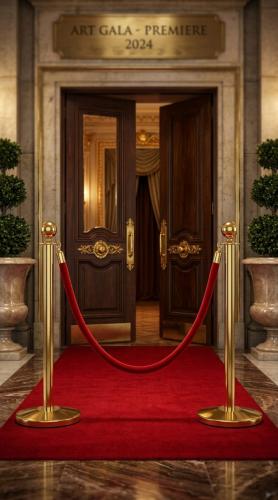 Golden barriers for organizing and luxurious reception with a red velvet rope, organizational for events and elegant entrances
