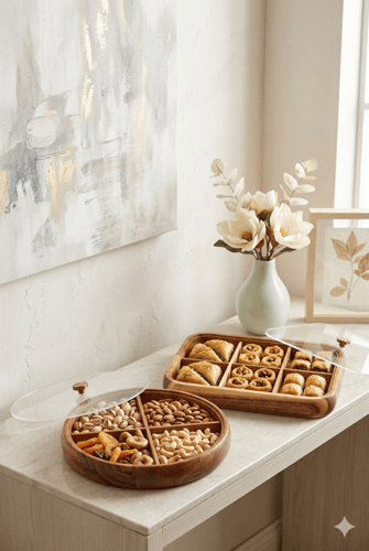 طقم طبق تقديم حلويات ومكسرات وفواكة مقسم بغطاء محك...