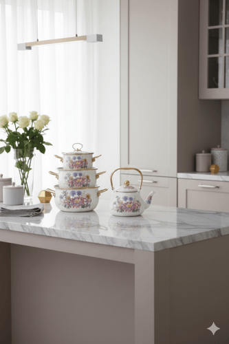 طقم قدور وأباريق شاي فاخر بنقوش زهرية وتصميم أنيق...