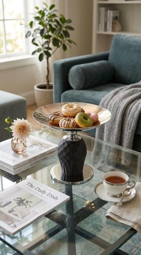 Luxury dessert and fruit serving tray with a raised base, featuring an elegant modern design for hospitality decor and tables