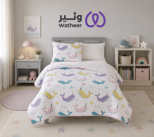 لحاف أطفال حيتان نفر ونص قطعتين قابل للعكس