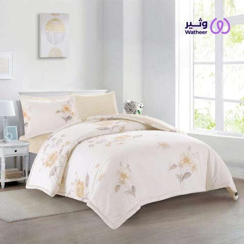 طقم لحاف نفر ونص قطن 100% بيج وذهبي