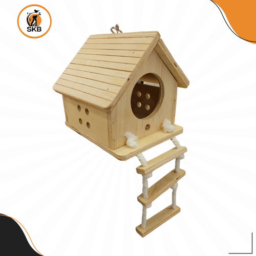 كوخ خشبي للطيور مع فتحة علوية ودرج