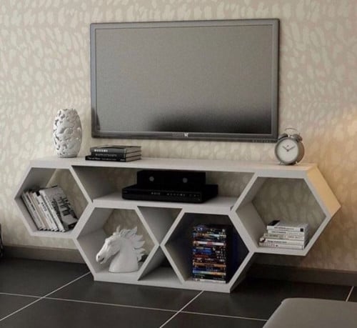 طاولة تلفاز على شكل خلية لون ابيض