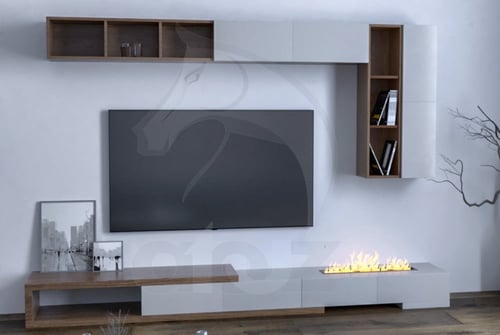 طاولة تلفاز مع رفوف جدارية وجهاز بخار