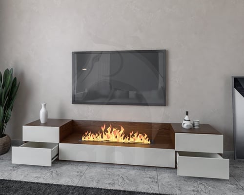 طاولة تلفزيون لون أبيض مع جهاز شعلة