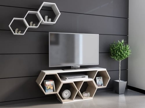 طاولة تلفاز بتصميم هندسي مميز + 3 ارفف جدارية بتصم...