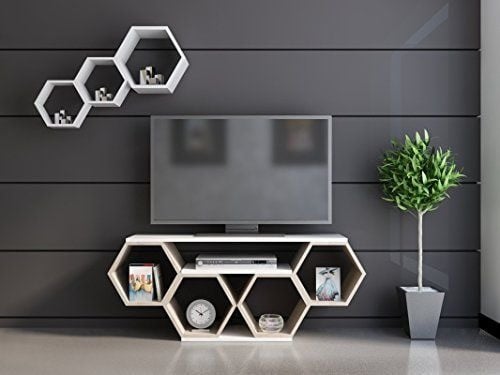 طاولة تلفاز بتصميم هندسي مميز + 3 ارفف جدارية بتصم...