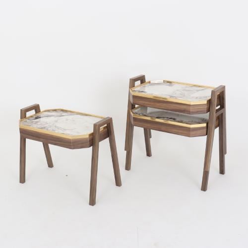 طقم طاولات خدمة - سطح رمادي - حواف ذهبية