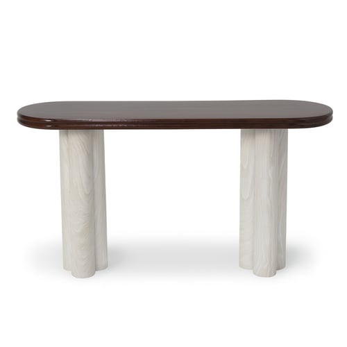 كونسول أنيق بسطح خشبي داكن وقواعد أسطوانية فاتحة ب...