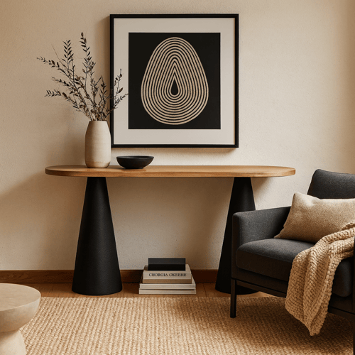 كونسول بسطح خشبي طبيعي وقاعدة سوداء بتصميم عصري أن...