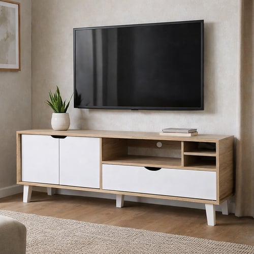 طاولة تلفزيون خشب ماليزي 150 سم لون بيج و أبيض