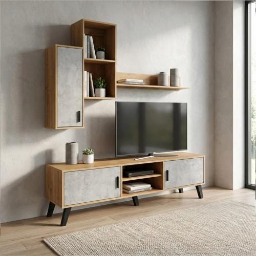 طقم طاولة تلفاز جدارية 160 سم بتشطيب خشبي دافئ مع...