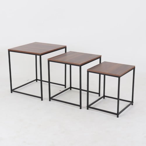 طقم طاولات خدمة مربعة - قواعد معدن - أسطح خشب