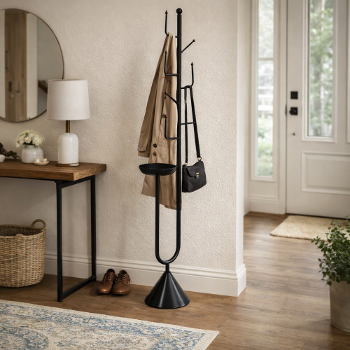 علاقة ملابس معدنية سوداء، متعددة الخطافات مع رف سف...