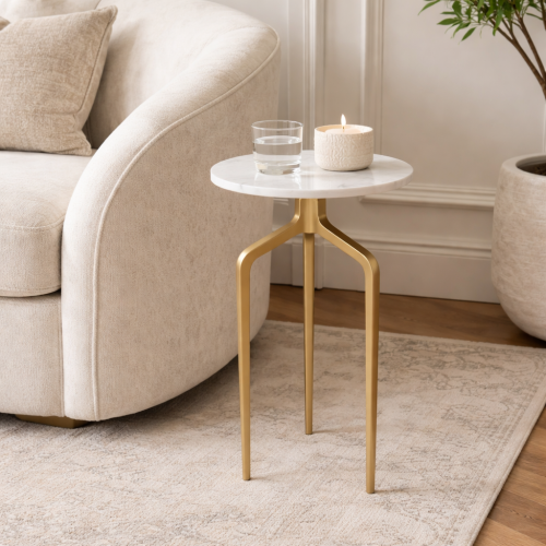 طاولة جانبية هندية بسطح رخامي دائري مع قاعدة معدني...