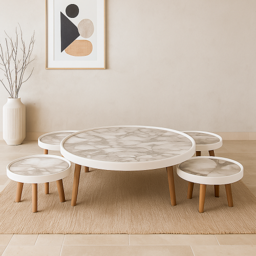 طقم طاولات ارضيه - سطح خشبي على شكل رخام - حواف بي...