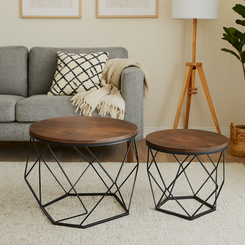 طقم طاولات قهوة وسط - سطح خشب - قواعد معدن شكل خما...