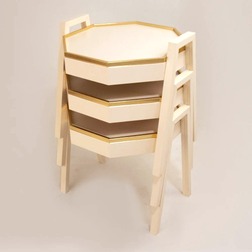 طقم طاولات خدمة سداسي - خشبي كريمي - حواف ذهبي