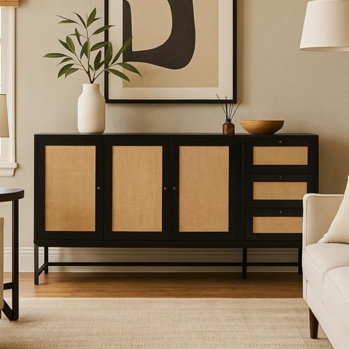 كونسول خشبي بتصميم طبيعي وأرجل حديدية، يحتوي على أ...