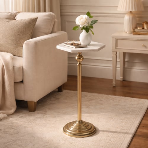 طاولة جانبية أنيقة بسطح رخامي سداسي مع قاعدة معدني...