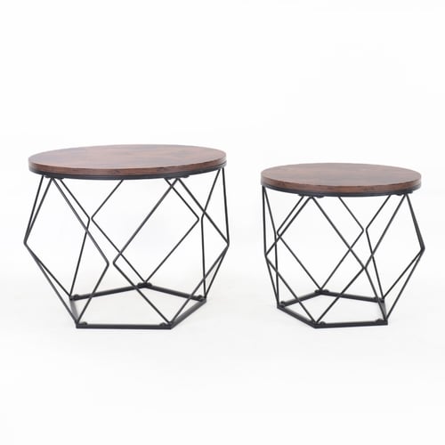 طقم طاولات قهوة وسط - سطح خشب - قواعد معدن شكل خما...