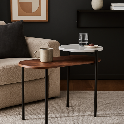 طاولة خدمة مفرد - قواعد معدن - سطح بيضاوي خشب - دا...