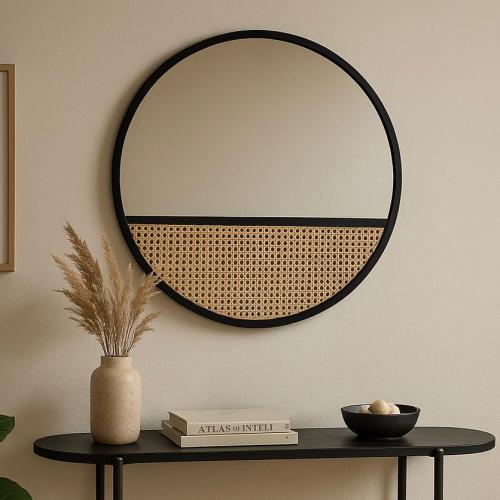 مرآة حائط دائرية باللون الاسود بتفاصيل كانيه طبيعي...