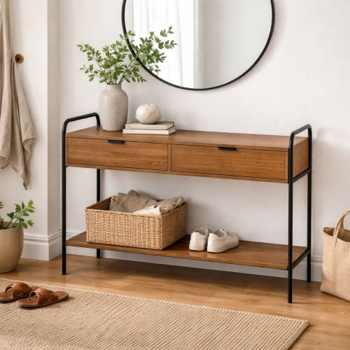 كونسول بتصميم صناعي أنيق يجمع بين الخشب الطبيعي وا...