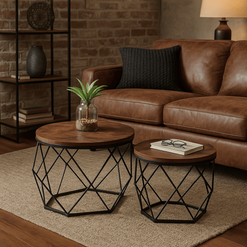 طقم طاولات قهوة وسط - سطح خشب - قواعد معدن شكل خما...