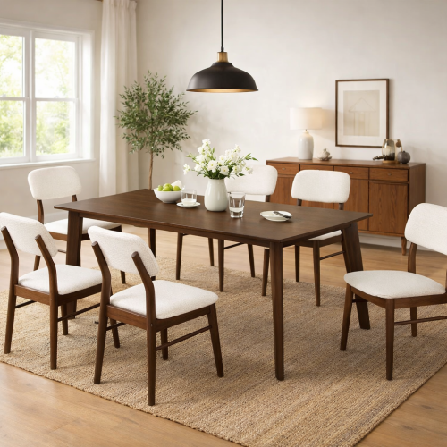 طاولة طعام بتصميم بسيط وعصري، سطح خشبي دافئ وأرجل...