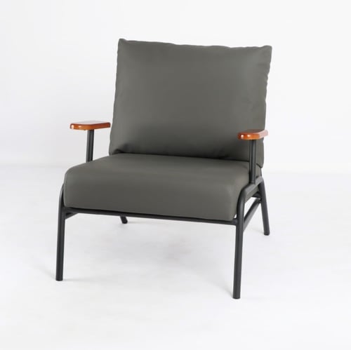 كرسي جلد رمادي - مسند يد خشب