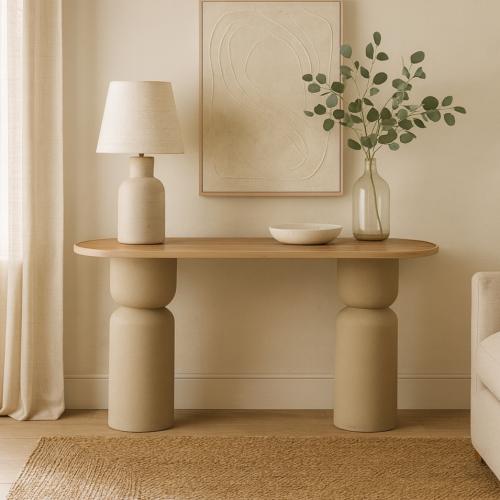 كونسول أنيق بسطح خشبي وقاعدة بيضاء عصرية