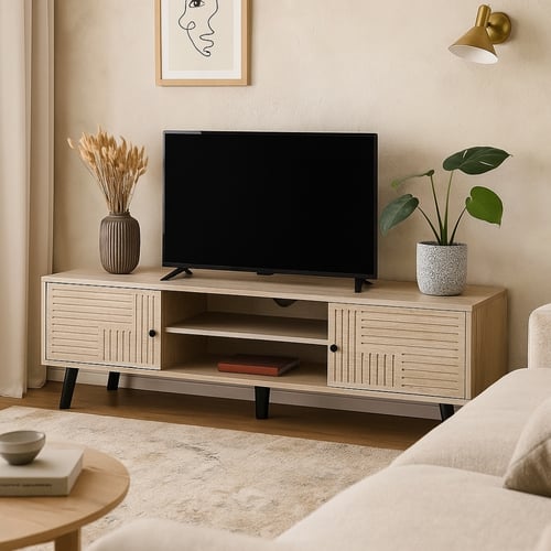 طاولة تلفزيون بتصميم خشبي عصري بلون فاتح مع رفوف و...