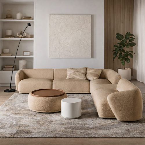 رويال | كنبة زاوية روانك بتنجيد مخملي مريح لون كرا...