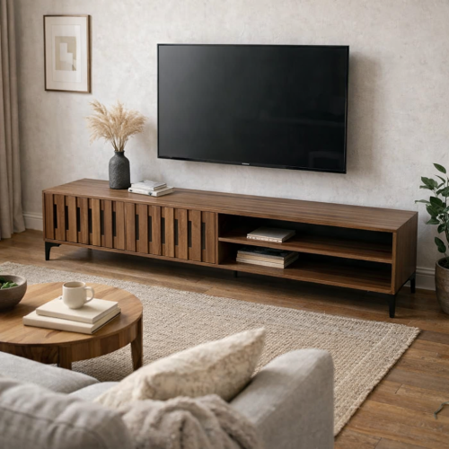 طاولة بلازما عصرية 180 سم، سطح خشبي أنيق مع وحدات...