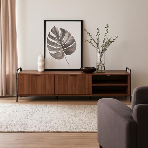 طاولة تلفزيون بتصميم عصري من الخشب والمعدن تجمع بي...