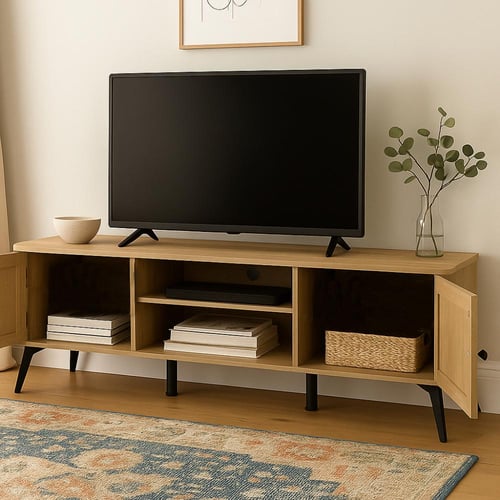 طاولة تلفاز 160 سم خشبي فاتح وبلمسات مستوحاة من ال...