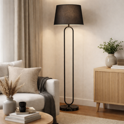 مصباح أرضي بتصميم أنيق، هيكل معدني اسود مع قاعدة ر...