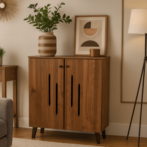 خزانة خشبية ببابين وتصميم عصري بأرجل سوداء أنيقة.