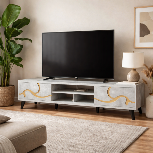 طاولة تلفزيون خشب ماليزي 180 سم - رمادي فاتح وخشبي