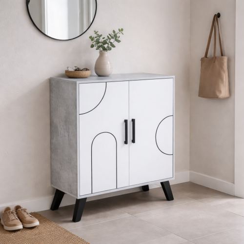 خزانة احذية خشب ماليزي 4 دور بابين - رمادي وأبيض