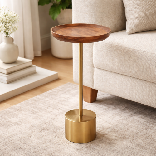 طاولة جانبية هندية بسطح خشب المانجا دائري مع قاعدة...