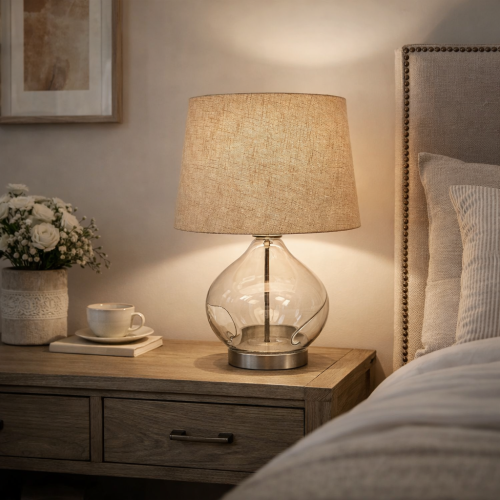 مصباح طاولة عصري بقاعدة زجاجية شفافة وغطاء قماشي ب...