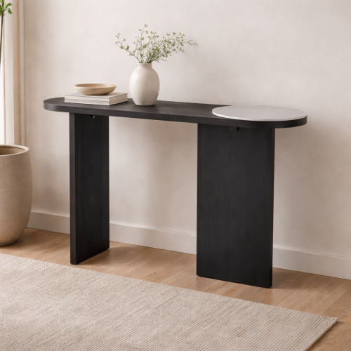 كونسول أنيق بتصميم عصري وبسيط، يجمع بين الخشب والل...