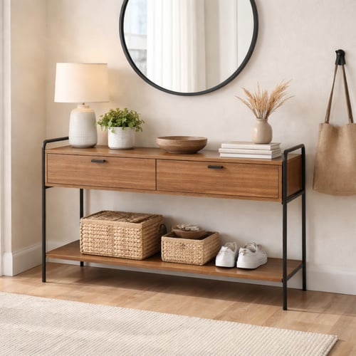 كونسول بتصميم صناعي أنيق يجمع بين الخشب الطبيعي وا...