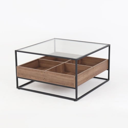 طاولة قهوة وسط بني – سطح زجاج وخانات داخلية