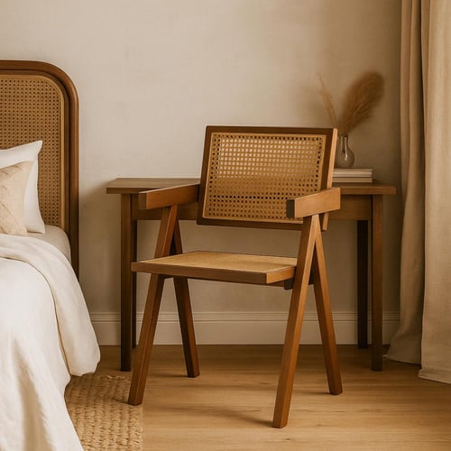 كرسي خشبي أنيق بتصميم عصري مع مقعد ومسند من الخيزر...