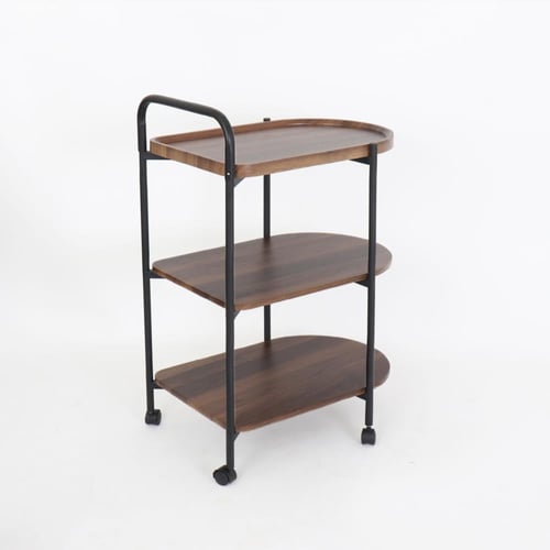 عربة تقديم 3 طوابق خشب - أعمدة معدنية