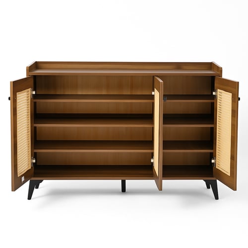 خزانة أحذية خشب – واجهات رتان ورف مفتوح